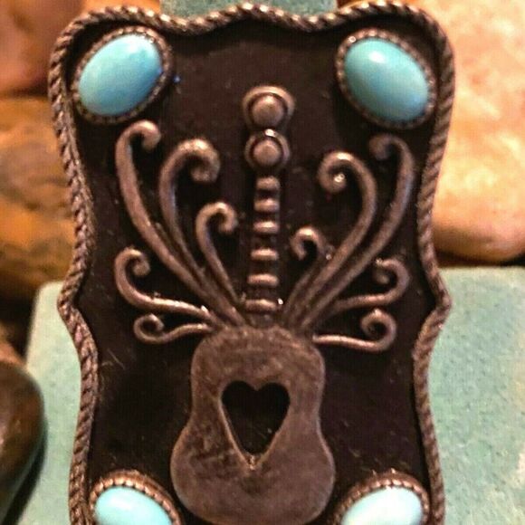 Guitar Heart Strings Turquoise Dark Silver ring - Picture 2 of 8